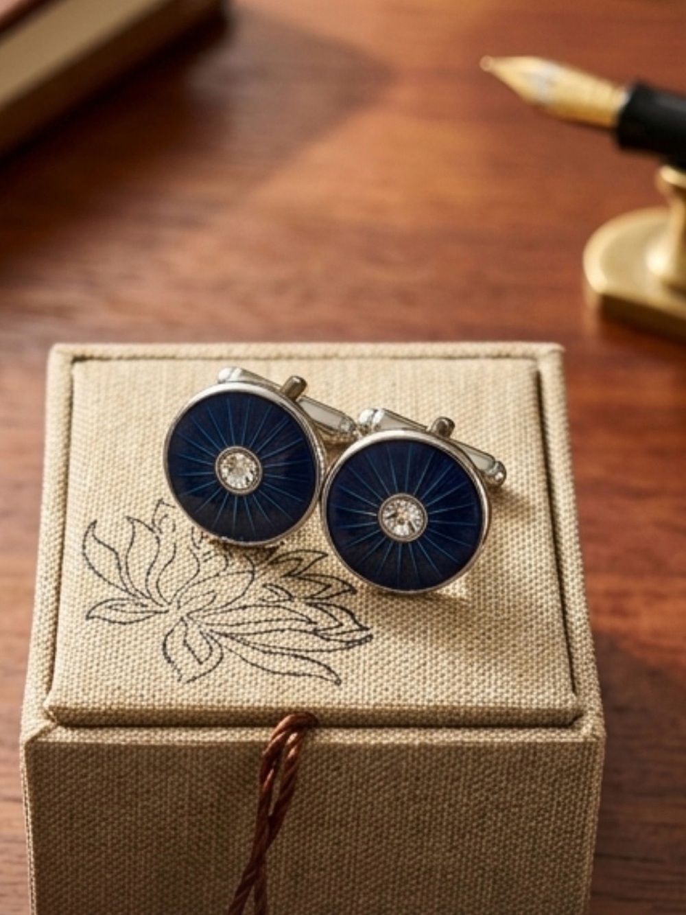 Vintage Blue Enamel & Crystal Center Round Silver Tone Cufflinks Original Box